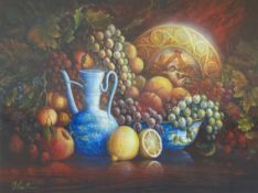 A large 20th century still life acrylic on paper titled 'Chinese Ewer with Fruit' by Don