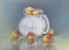 A contemporary pastel study titled 'Jug and Apricots', signed to the lower right in a glazed gilt
