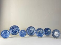 A collection of seven pieces of 19th century blue and white pearlware to include a C.1840 plate