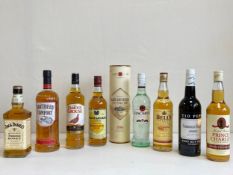 A mixed collection of unopened bottled whisky, rum and sherry to include Jack Daniels, Southern