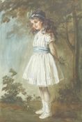 An early 20th century watercolour portrait of a girl in a woodland setting, signed to the lower left