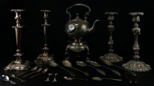 A mixed collection of 19th century and later silver plate to include two pairs of candlesticks, a