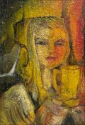 A 20th century oil on canvas, abstract portrait of a girl titled 'Youth', framed with an inscription