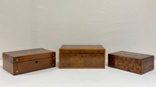 Three boxes to include a 19th century simulated yewwood sewing box, a mother of pearl inlaid