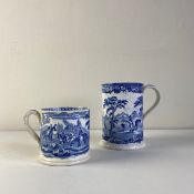 A 19th century blue and white pearlware gem mug transfer printed with figural scenes depicting three