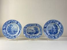 Three early 19th century blue and white pearlware Rural Scenery pattern dishes C.1820 by