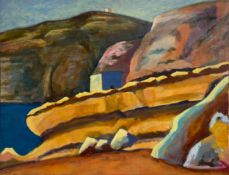 A large 20th century Fauvist style acrylic on canvas titled 'Rocks Near Xlendi Gozo' in a painted