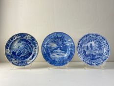 Three pieces of early 19th century blue and white pearlware to include a transfer printed Village