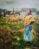 A 20th century oil on panel after the original titled 'Sheep Grazing' by Charles Sprague Pierce (