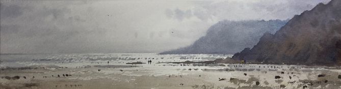 A contemporary watercolour, figures in the distance in an expansive coastal landscape by Gareth