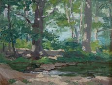 Katherine Adams Lovell (1877-1965), a 20th century oil on board, woodland scene, signed to the lower