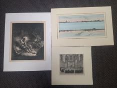 Three unframed prints to include one titled 'Battersea Old Church, and Little Chelsea'. Largest