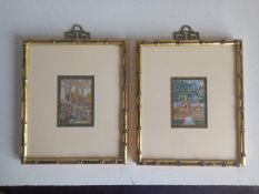 A pair of Indian School Mughal style paintings depicting court scenes in glazed gilt faux bamboo
