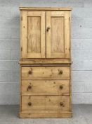A C.1900 pine press cupboard in two parts having a stepped cornice over two panelled doors opening