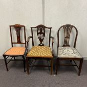 Three 19th century and later chairs to include on with a shaped marquetry inlaid top rail with an