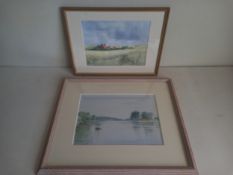 A contemporary watercolour titled 'the Loire from Gennes' by Julia Wright, signed to the lower right