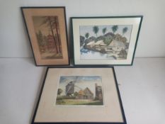 Three artworks to include a signed 20th century etching with colours titled 'Caslon Mill