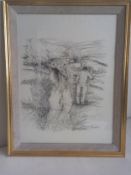 A 20th century ink drawing on paper by Peter Campbell (1931-1989), figures in a rural landscape,