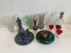 A mixed collection to include a carved marble cordial set, two cut glass decanters, eight