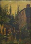 A 19th century oil on board, stream by a mill with figures. H.31 W.25.5cm