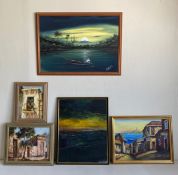 A mixed lot of five paintings to include two signed oil paintings by Rodolfo M. Jara depicting