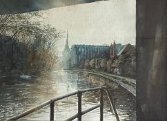 A contemporary watercolour depicting figures on a canal path with a church spire in the distance,