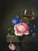 A 20th century Dutch School oil on canvas, still life glass, fruit and flowers, signed to the