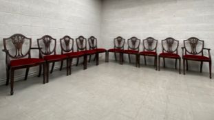 A set of ten mahogany Hepplewhite style dining chairs to include two carver elbow chairs. H.97cm