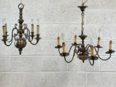 A 20th century Flemish brass chandelier with a turned stem over a globular pendant finial with six