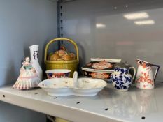 A mixed collection of porcelain to include a Dresden figure, two Royal Crown Derby Imari pattern