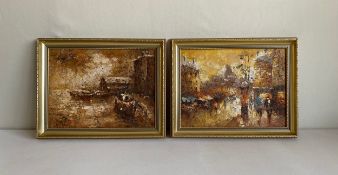 Two oil paintings on board depicting village and fishing scenes, each signed Burton to the lower