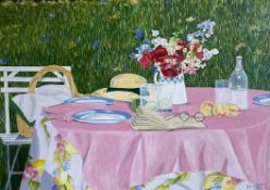 A contemporary acrylic on canvas, still life garden table titled 'Un Dimanche A La Campagne' 1991,