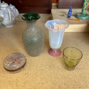 A collection of four items of coloured vintage glass. H.20cm