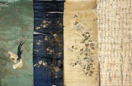 Three 19th century and later Japanese silk embroideries depicting a monkey, chickens and other birds