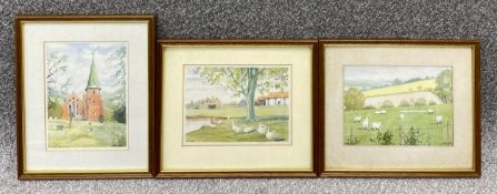 Three signed watercolour paintings by Gill Pollitt. All framed and glazed. H.30 W.25cm (largest)