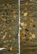 A pair of 19th century Japanese embroideries depicting birds among foliage. L.140 W.50cm