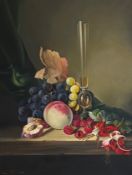 A 20th century Dutch School oil on canvas, still life glass and fruit, signed to the lower left in a