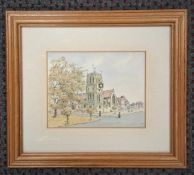 A contemporary pen and watercolour study of a church in a glazed oak frame. 29x26cm