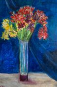 A contemporary oil painting on board, still life flowers in a glass vase, signed to the lower left