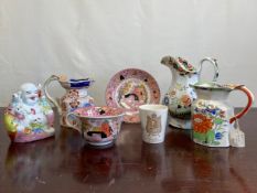 A mixed collection of ceramics to include three 19th century Gaudy Welsh jugs, a vintage porcelain