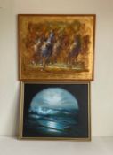 A contemporary mixed media painting on board depicting a horse race along with a signed oil on