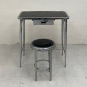 A 1950s Italian chrome desk having a rectangular black lacquered top with curved corners over a