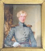 A 19th century miniature oil portrait on stone panel depicting a gentleman in military dress in a