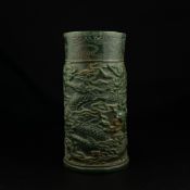 A possibly 19th century Chinese green spinach jade brush pot or Bitong of cylindrical form having