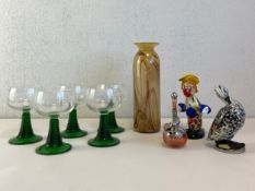 A mixed collection to include a signed art glass vase by Anthony Stern, two Murano style figures,