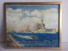 A 20th century oil on canvas titled 'The British Fleet, North Africa, 1942' by T.E. Mottley in a