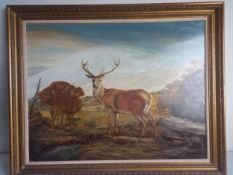 Brian Whiteside (b.1934), a large oil on board, portrait of a stag in a Highland landscape, signed
