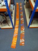 Two 20th century Chinese silk paofu robe needlework belts with all-over vibrantly coloured
