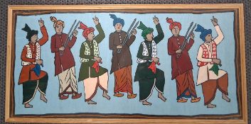 A vintage Mughal style tapestry depicting a figural column of dancing musicians. 95x48cm