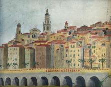 A framed 20th century Continental School oil on board, view of Menton from the French Riviera. H.